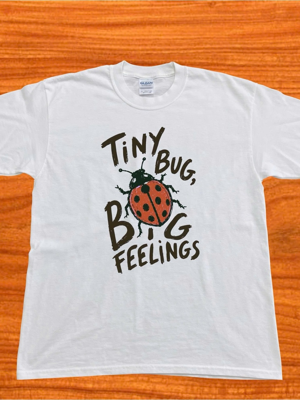 Gildan White Bug Tee with Tiny Bug Big Feelings Ladybug Graphic